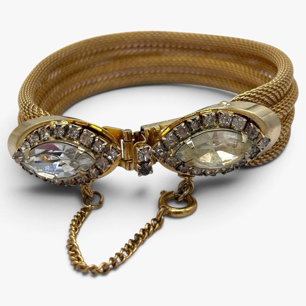 Kramer Signed Gold Tone Mesh Chain Bracelet Crystal Box Clasp Safety Chain